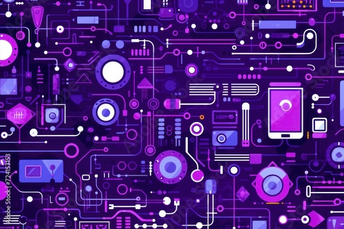 violet abstract technology background using tech devices and icons