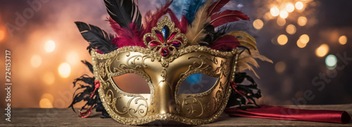 Fancy golden Venetian carnival mask with feathers on wooden table on the streets of Venice, blurred background with beautiful bokeh lights, Venice banner with copy space for text