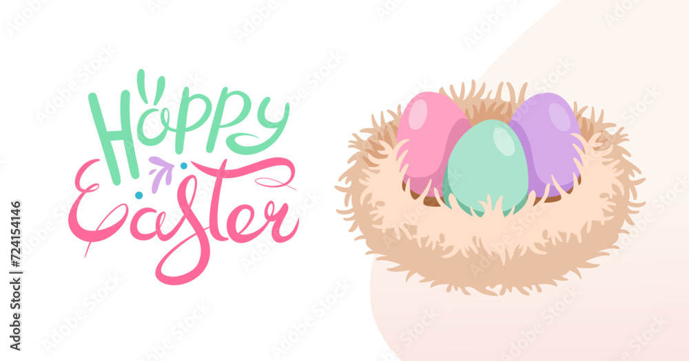 Easter web banner with hand drawn lettering. Fluffy birds nest with colored eggs for Easter.