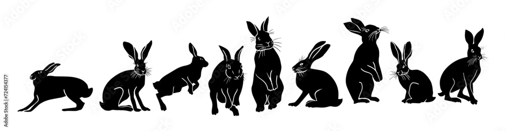 Set of silhouettes of hares. hand drawing. Not AI. Vector illustration