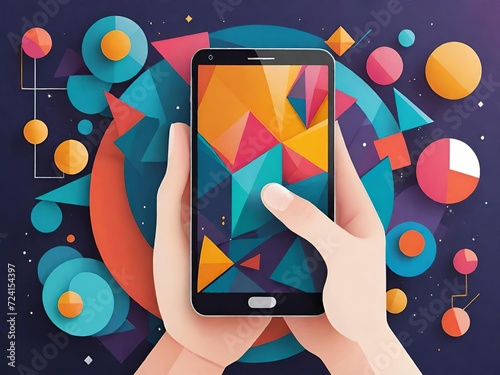 Hands holding a smartphone with colorful abstract geometric shapes on the screen and background, modern digital art concept.