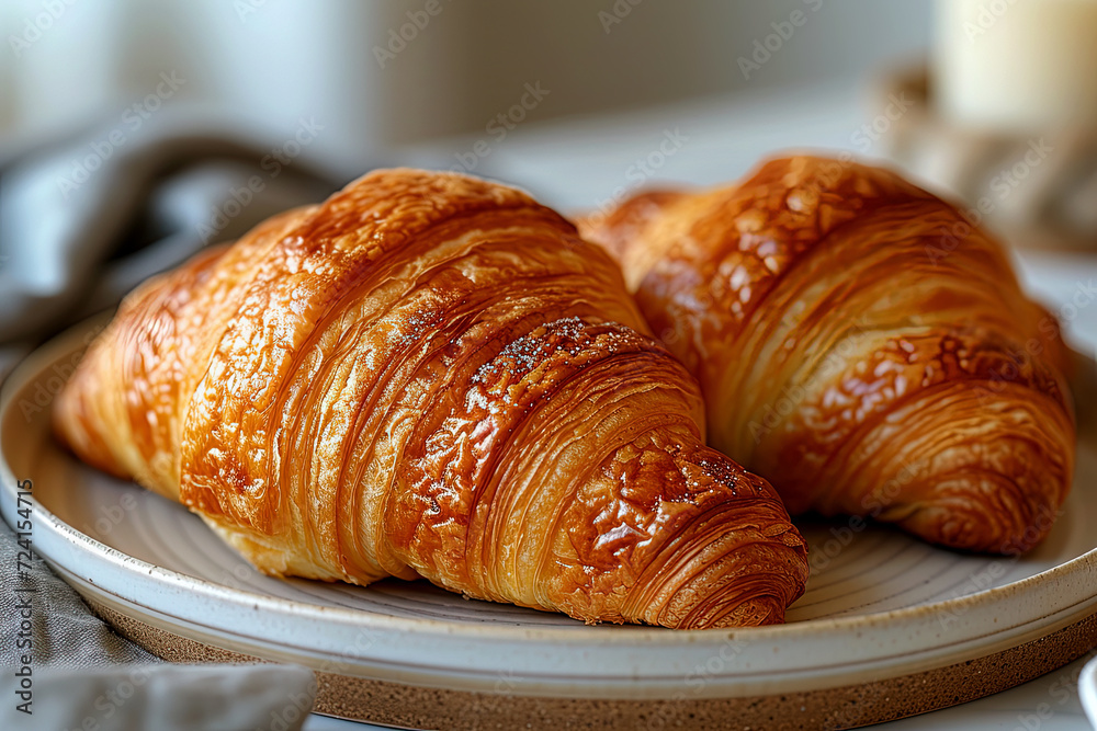 Plate with tasty croissants on white background. French pastry