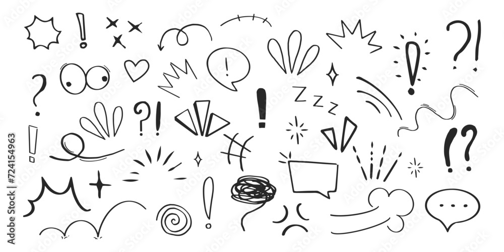 Fototapeta premium Set anime emotion effect attention elements, expressions speech bubble in comic doodle style isolated on white background