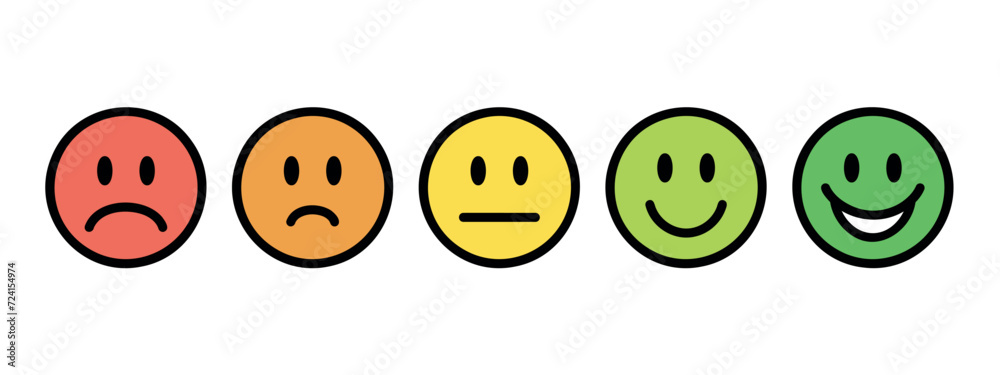 satisfaction scale, customer emotion feedback, mood faces for survey, rating icons, flat colorful set of vector round buttons satisfaction scale, customer emotion feedback, mood faces for survey, rating icons, flat colorful set of vector round buttons