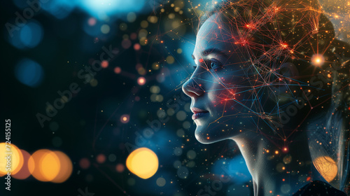 Conceptual Portrait of Woman with Glowing Neural Network - Illustration of Mindfulness, Cognitive Science, and Complex Thought Processes