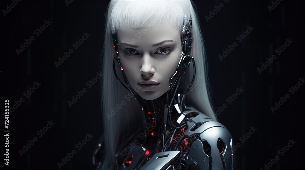 Close-up portrait of a robot girl on a black background, artificial intelligence Close-up portrait of a robot girl on a black background, artificial intelligence
