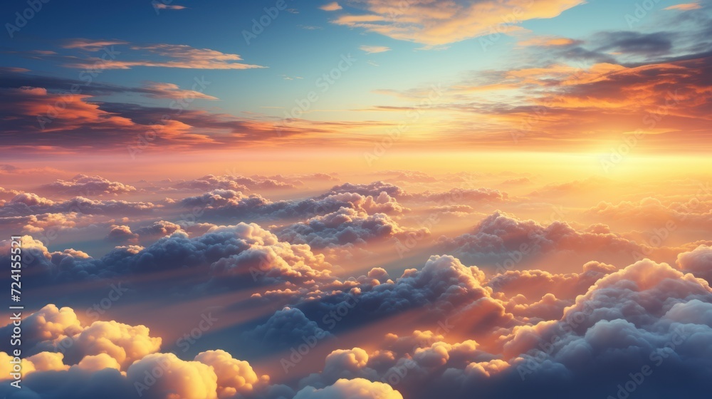 Beautiful aerial view above clouds at sunset