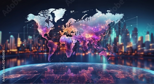 holographic world map with blurred cityscape background photo