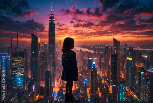 girl looking at the city at night silhouette. girl silhouette on cityscape background