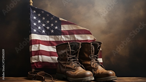 Old combat boots and dog tags with American flag. Neural network AI generated art photo