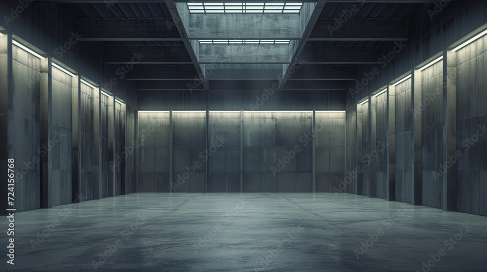 Minimalistic Industrial Style Empty Warehouse Interior - Spacious Concrete Room with Atmospheric Lighting for Film Set or 3D Rendering Background Minimalistic Industrial Style Empty Warehouse Interior - Spacious Concrete Room with Atmospheric Lighting for Film Set or 3D Rendering Background
