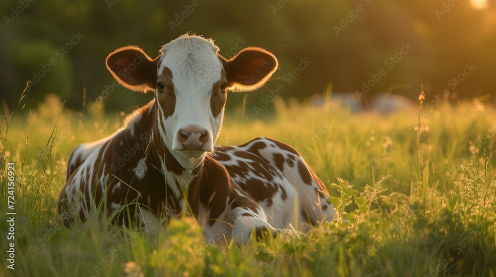 AI generated illustration of a cow resting peacefully in a golden sunset meadow