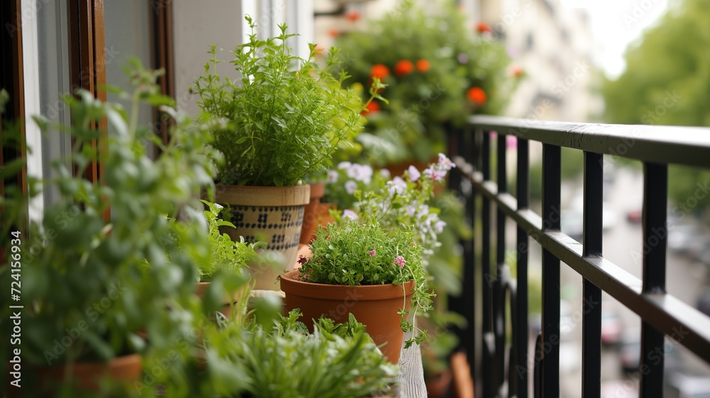Urban balcony garden with a variety of potted plants and flowers overlooking the street Urban balcony garden with a variety of potted plants and flowers overlooking the street