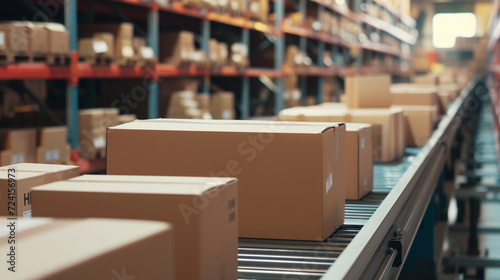 An array of sleek and modern shipping boxes neatly stacked in a bustling distribution center, their uniform design and crisp edges a testament to efficiency and precision in the wo