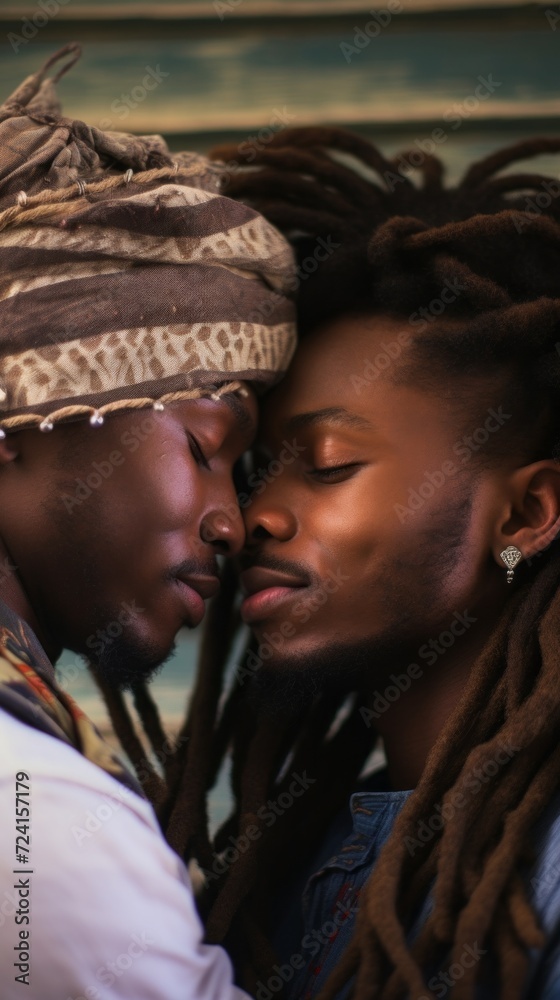 Close-up of a loving happy young African-American gay couple with dreadlocks with their eyes closed snuggling together. Love, Romance, dating, LGBT concepts.