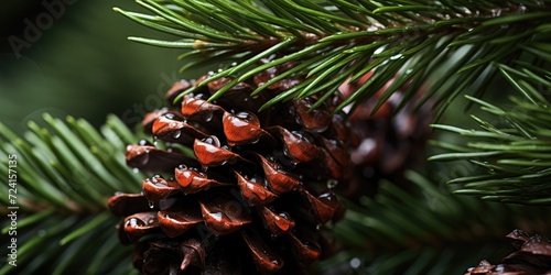 Fir branches with cones, background concept. Pine cones texture. Generative AI photo