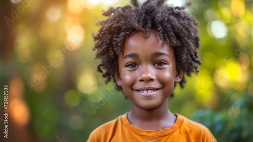 Cheerful black kid in orange t-shirt Generative AI