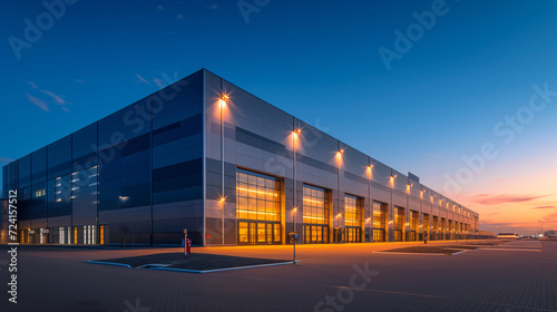 Modern Industrial Warehouse Complex at Twilight - Logistics Center with Illuminated Facade Against Dramatic Skyline and Cityscape Background