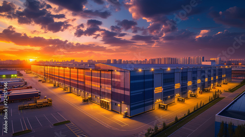 Modern Industrial Warehouse Complex at Twilight - Logistics Center with Illuminated Facade Against Dramatic Skyline and Cityscape Background