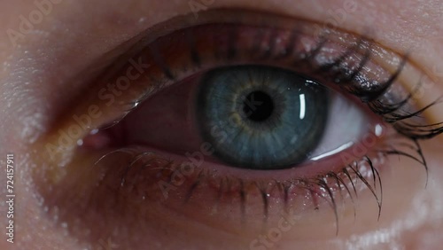 A woman opens her eye, pupil and iris in extreme close-up. Extreme macro shot capturing the intricate details of a human rights and eyelashes. The pupil dilates and narrows from the amount of incoming photo