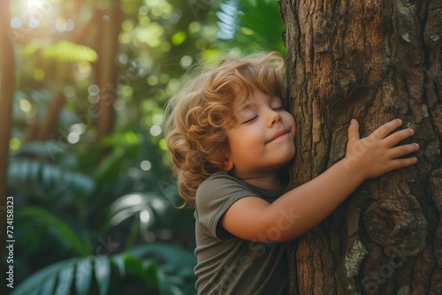 A little boy hugging a tree in the heart of a lush forest, conveying Earth Day and environmental care. ecosystem and healthy environment concept, earth day, save the world.
 #724158323