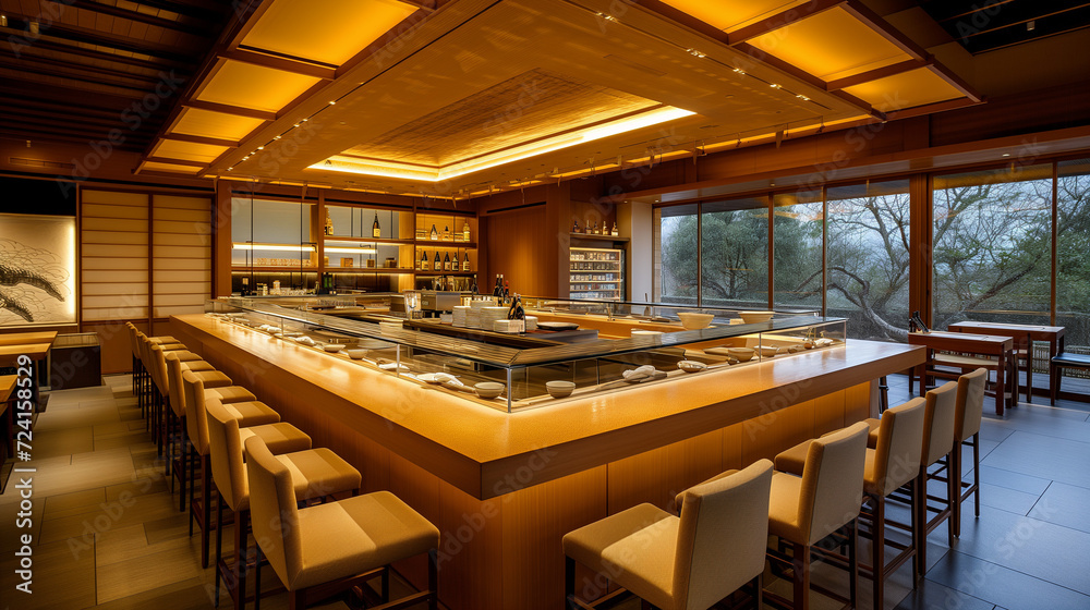 Traditional Japanese Sushi Restaurant Interior - Elegant Sushi Bar Design with Warm Lighting and Zen Aesthetic in a Panoramic View