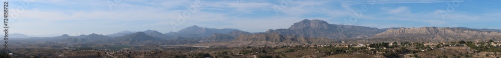 Busot, Alicante, Spain, January 28, 2024: Panoramic of the multiple mountain ranges seen from Busot, Alicante, Spain