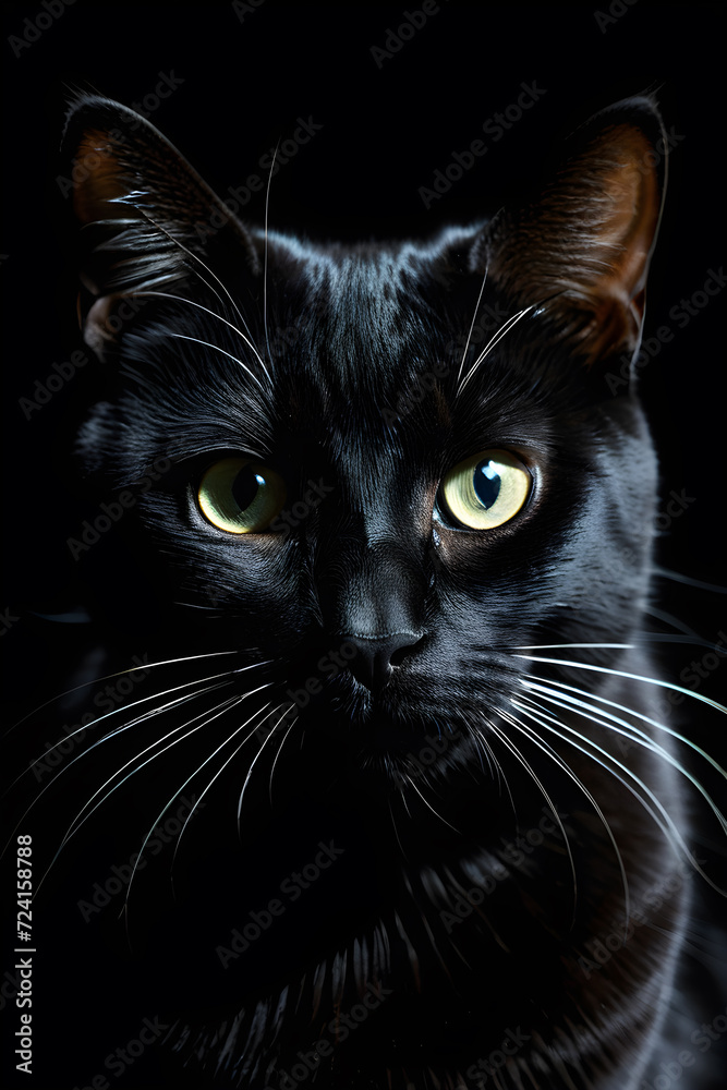 close up black cat on a black background backlight low key