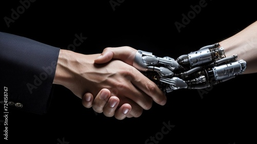 Business handshake between robot and human partners or friends. Robot and human hands close-up. Symbol of business relations between man and robot.