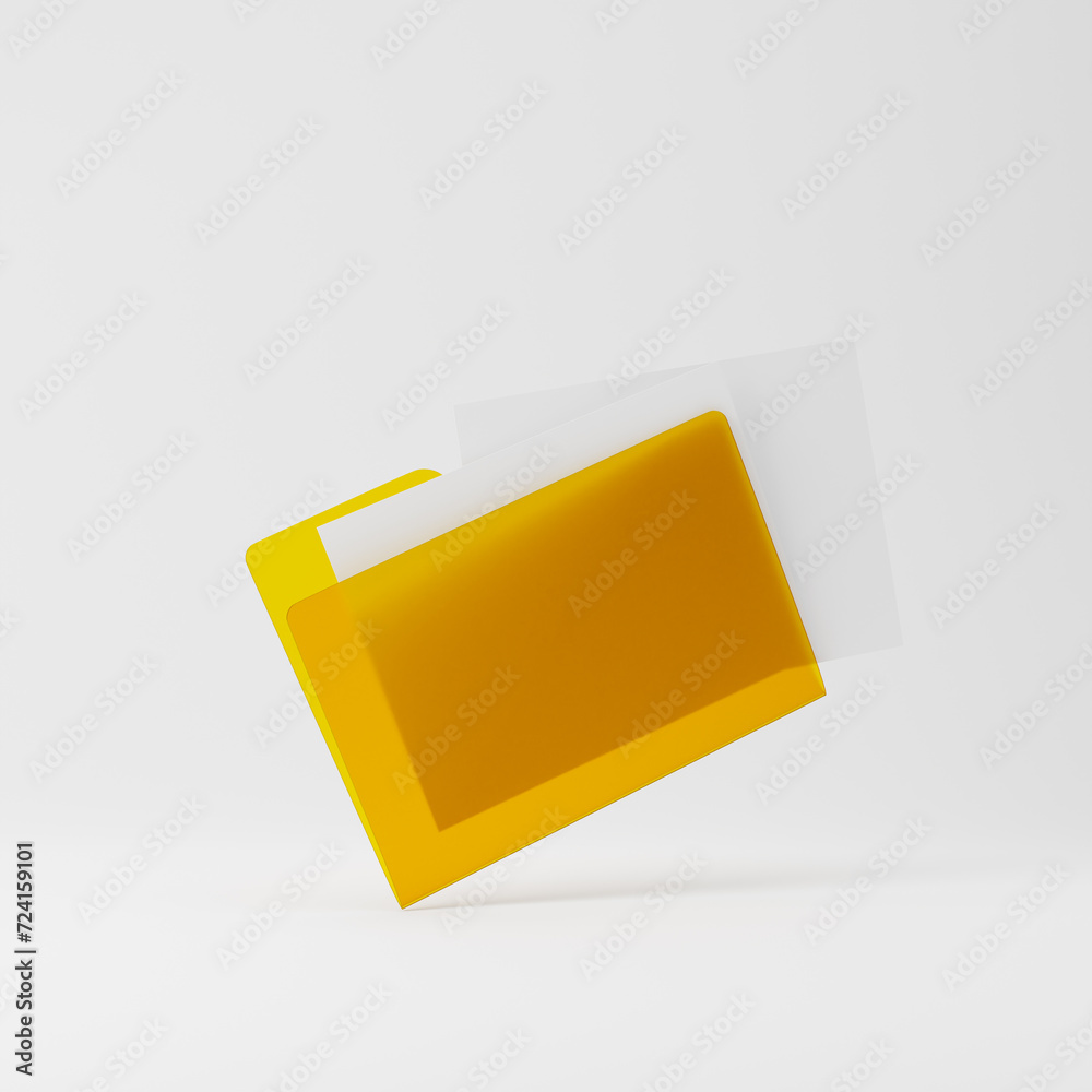 Yellow transparent folder with blank papers isolated over white background. Mockup template. 3D rendering. Yellow transparent folder with blank papers isolated over white background. Mockup template. 3D rendering.