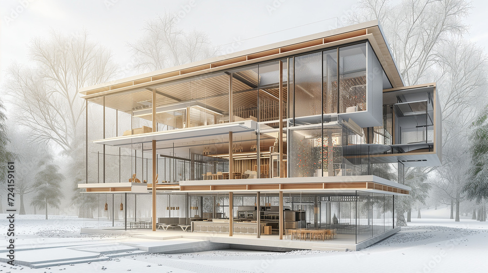 Transparent Architectural Visualization of Modern Building Design - 3D Cutaway Rendering with Detailed Structure and Engineering Insights