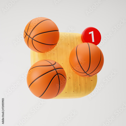 App icon with basketballs and one notification sign isolated over white background. 3d rendering.