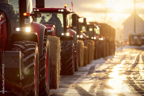 Tractors Line Up in Protest on the street in the city of Europe.  photo