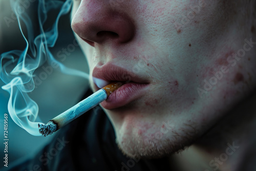 Close up young man smoking cigarette, Teen exhales cigarette smoke, Nicotine addiction
