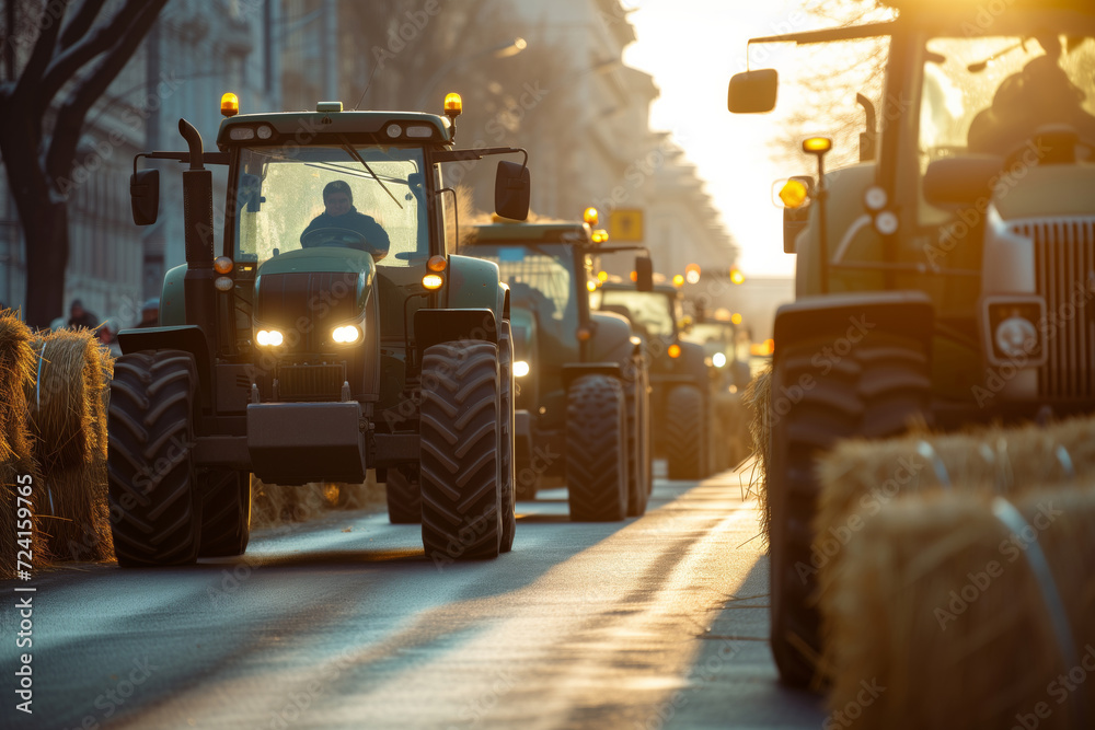 Tractors Line Up in Protest on the street in the city of Europe. 