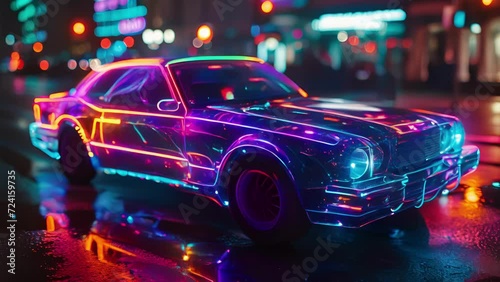 A car covered in interactive neon lights dances to the music as it drives through the streets turning heads and creating a disco on wheels. photo