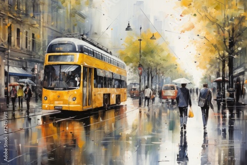 A painting of a yellow bus on a city street. Suitable for transportation themes and urban scenes