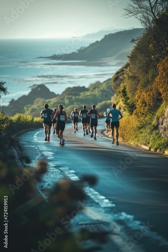 A group of people running down a road next to the ocean. Perfect for fitness and active lifestyle concepts