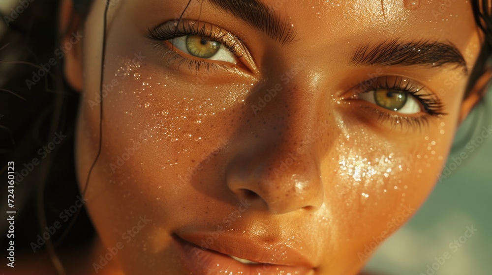 Close up of a woman's face with water on her face. Suitable for beauty, skincare, or refreshing concepts Close up of a woman's face with water on her face. Suitable for beauty, skincare, or refreshing concepts