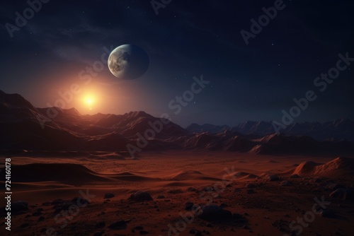 A picturesque view of a planet in the distance, framed by majestic mountains. Perfect for illustrating the beauty of nature and the vastness of the universe