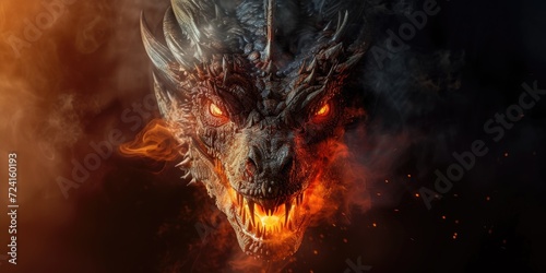A detailed view of a dragon breathing fire. This image can be used to depict fantasy, mythology, or power. photo