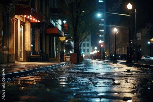 A city street glistening with rainwater at night  illuminated by the glow of streetlights. Perfect for urban and nightlife themes