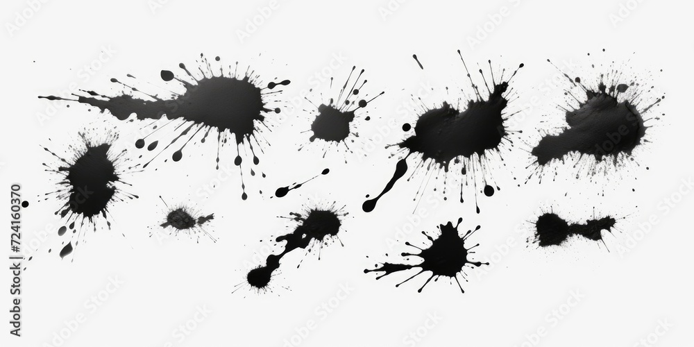Black ink splatters on a white background. Suitable for graphic design projects or as a background for text or images