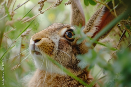 A close-up view of a rabbit in the grass. Suitable for various uses