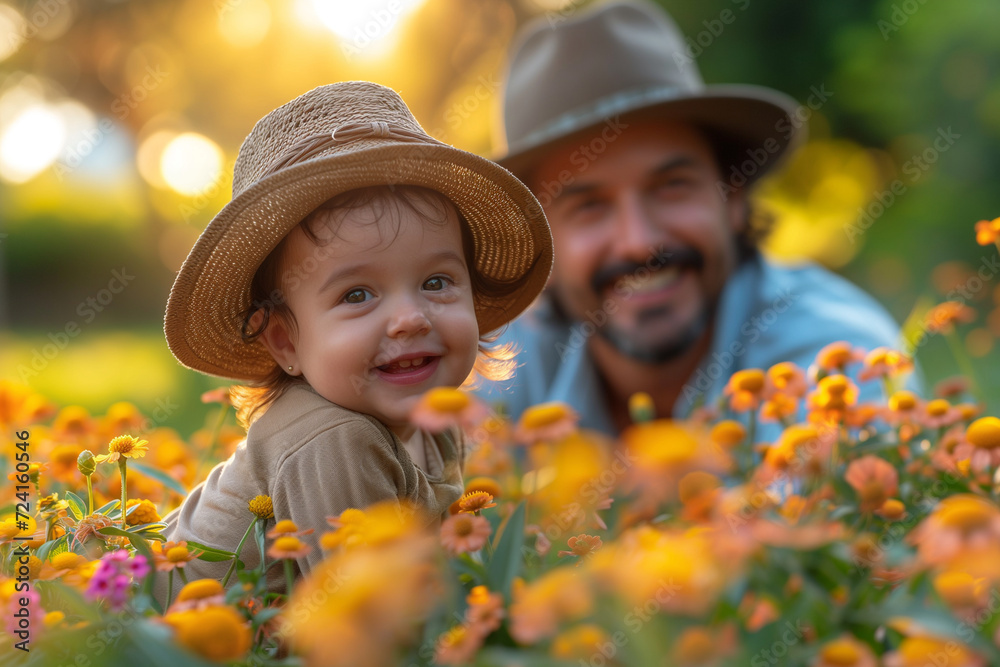 Father with child among flowers in the garden.