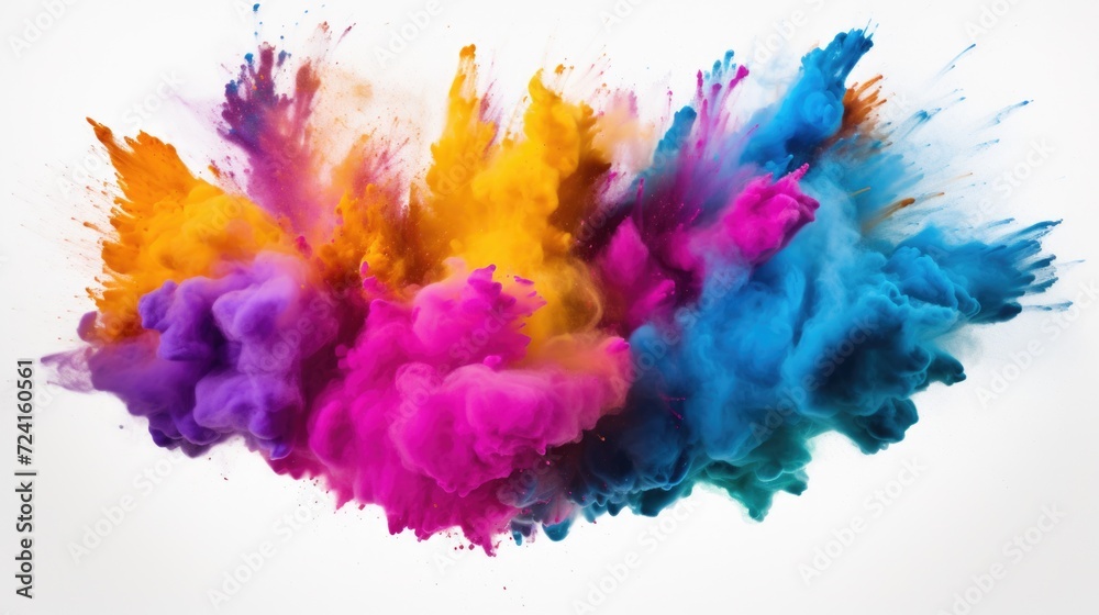 Colorful cloud of colored powder on a white background. Perfect for celebrations and festivals - obrazy, fototapety, plakaty 