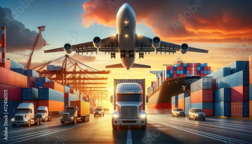 Global Trade Hub: Cargo Ship, Trucking, and Air Freight at Sunset