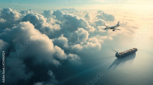High altitude view of an airplane passing through the clouds, a cargo ship sailing on the sea, a clear sky, blue and white tones, creative use photo