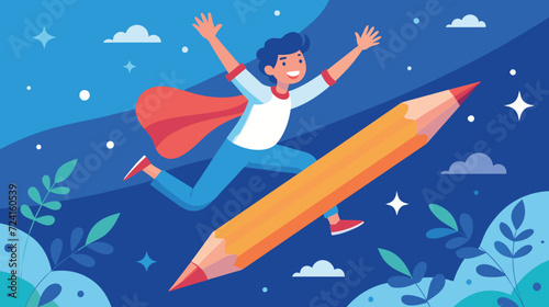 Man Soaring Through the Air While Riding a Giant Pencil