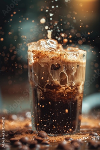 A glass of iced coffee placed on a table. Perfect for showcasing the cool and refreshing beverage. Ideal for use in coffee shop menus or summer-themed designs